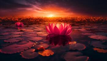 Tranquil lotus pond reflects beauty of nature   generated by AI photo