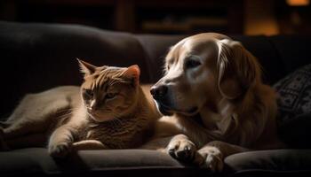 linda perrito y gatito jugando en sofá generado por ai foto