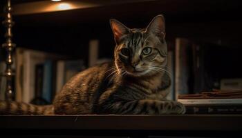 Fluffy kitten staring out window, playful and cute generated by AI photo