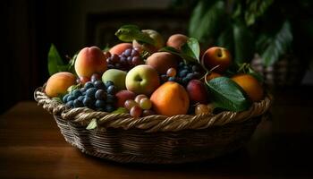 Nature bounty in rustic wicker basket generated by AI photo