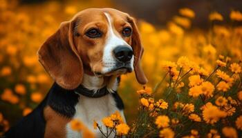 Small beagle puppy sitting in grass meadow generated by AI photo