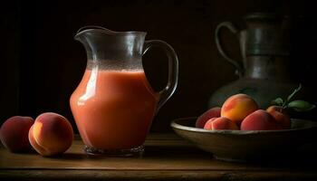 Rustic table, healthy meal, fresh fruit, organic yogurt generated by AI photo