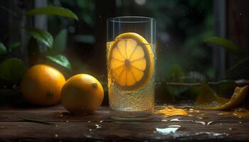 Juicy citrus slice in refreshing lemon soda generated by AI photo