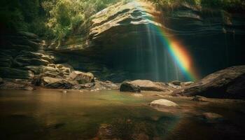 Flowing water cascades down majestic tropical cliff generated by AI photo