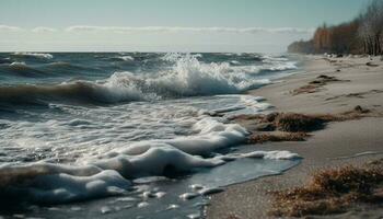 Waves breaking on icy shoreline, tranquil beauty generated by AI photo