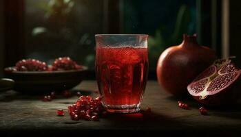 Juicy pomegranate slice on rustic wooden table generated by AI photo