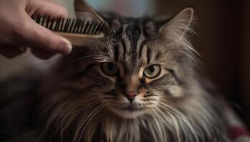 Fluffy kitten with whiskers looking at camera generated by AI photo