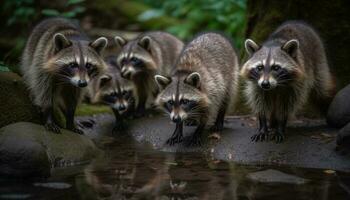 Striped raccoon family walking in wet forest generated by AI photo