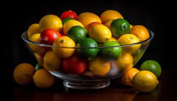 Juicy citrus fruits in a vibrant bowl generated by AI photo