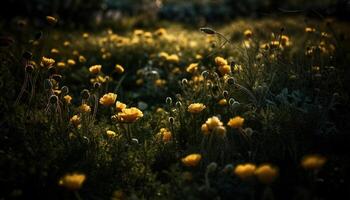 vibrante margarita en prado, retroiluminado por amanecer generado por ai foto