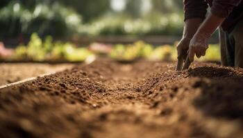 Farmers working hard planting seedlings in dirt generated by AI photo