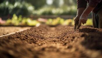 agricultores trabajando difícil plantando plántulas en suciedad generado por ai foto