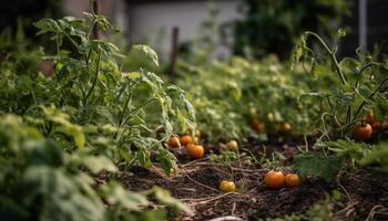 Fresh organic tomatoes grow in healthy vegetable garden generated by AI photo