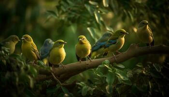 pequeño aves encaramado en rama generado por ai foto