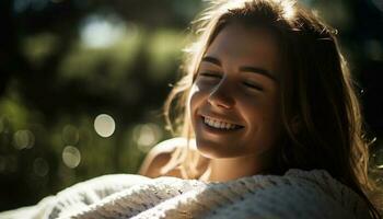 One beautiful woman smiling, enjoying nature freshness generated by AI photo