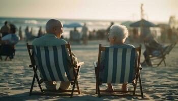 Senior couple enjoys vacation, sitting by water generated by AI photo