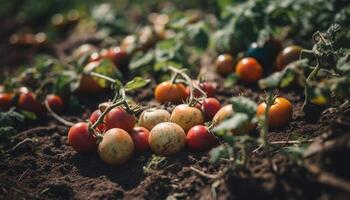 Ripe homegrown tomato, fresh from organic vegetable garden generated by AI photo