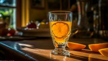 Refreshing citrus cocktail on wooden table with ice generated by AI photo