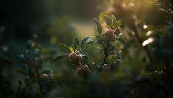 Fresh green leaves on a fruitful branch generated by AI photo