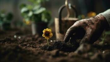 humano mano plantando planta de semillero en mojado suciedad generado por ai foto