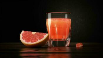 Juicy citrus cocktail on wooden table, refreshing summer generated by AI photo