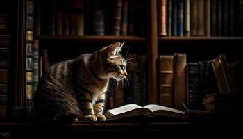 linda gatito estudiando literatura en estante para libros adentro generado por ai foto