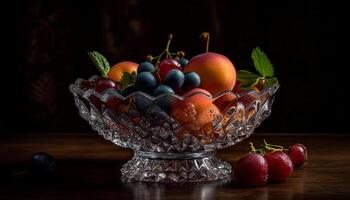 Organic fruit bowl on rustic wooden table generated by AI photo