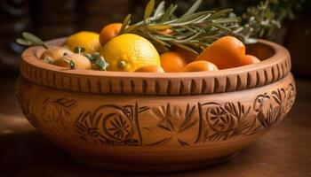 Fresh organic citrus fruit in rustic fruit bowl generated by AI photo