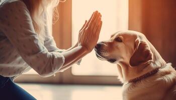 Purebred puppy brings happiness to young woman generated by AI photo