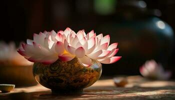 Pink lotus blossom in ornate flower pot generated by AI photo