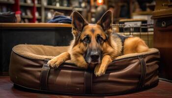 Purebred German Shepherd puppy sitting, guarding indoors generated by AI photo