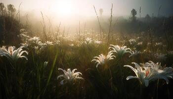 Sunrise illuminates wildflowers in tranquil meadow landscape generated by AI photo