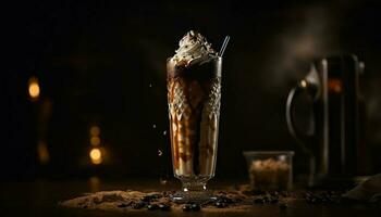 Dark chocolate mocha in rustic coffee shop generated by AI photo