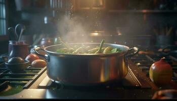 Healthy vegetarian stew simmers on stove top generated by AI photo