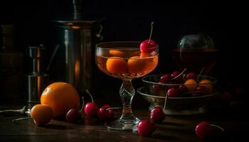 Organic citrus cocktail on wooden table, refreshing summer drink generated by AI photo