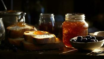 Fresco pan, fruta, y miel en rústico mesa generado por ai foto