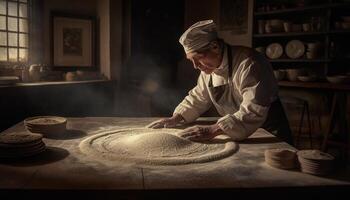 Senior baker kneads homemade dough for bread generated by AI photo