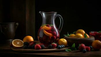 Organic berry cocktail on rustic wooden table generated by AI photo