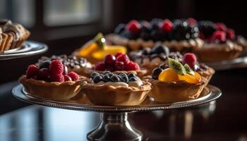 Fresco baya tarta, chocolate indulgencia, hecho en casa dulzura generado por ai foto