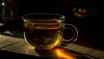 Hot drinks on rustic table, nature relaxation generated by AI photo