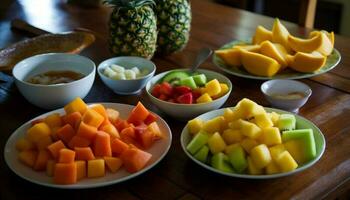 Fresco Fruta ensalada, un sano gastrónomo bocadillo generado por ai foto