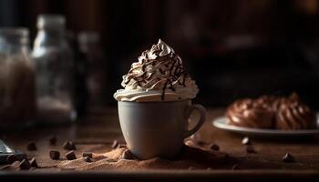 Rustic table holds indulgent homemade dessert spread generated by AI photo