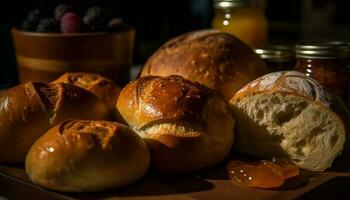 recién horneado pan, un sano hecho en casa bocadillo generado por ai foto