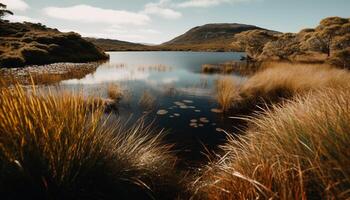 Tranquil scene of mountain reflection in water generated by AI photo