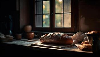 Freshly baked rustic bread on wooden table generated by AI photo