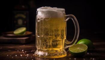 Frothy beer in a rustic pub setting generated by AI photo