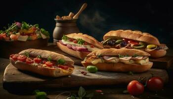 Grilled beef sandwich on ciabatta with fresh vegetables generated by AI photo