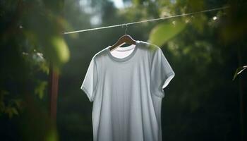 Green shirts hanging on clothesline in forest generated by AI photo