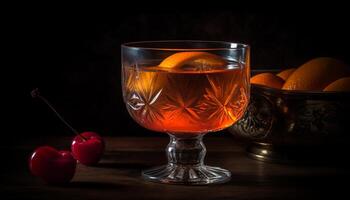 Fresh fruit cocktail on wooden table, refreshing summer generated by AI photo