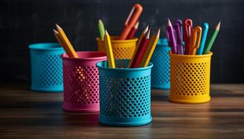 Colorful childhood toys stack on clean desk generated by AI photo